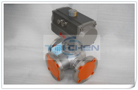 氣動三通球閥圖片,Q644F氣動不銹鋼L型三通球閥實物圖,上海臺臣閥門廠